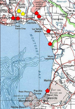 A red polygon indicates an extant occurrence; yellow indicates the occurrence has been extirpated. 